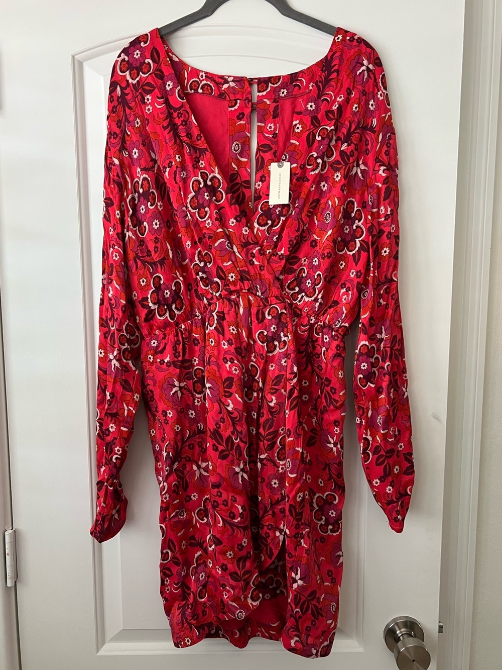 NWT Anthropologie Maeve Satin Wrap Dress Pink Floral Long Sleeves